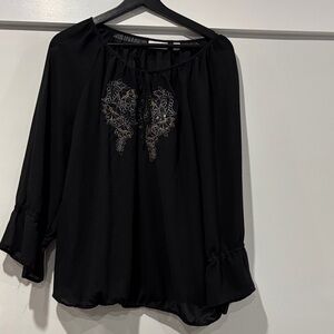 New York & Company Black Blouse with Embroidery